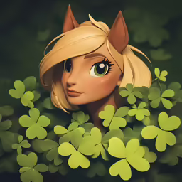 a beautiful blonde with green leaves is standing next to shamrocks