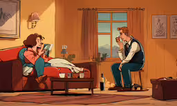 a man sitting on top of a couch next to a woman,a man and woman sitting in a living room with their dog