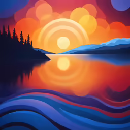 an oil painting of mountains, water and trees