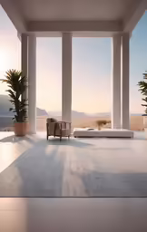 this large indoor porch has white columns and a bed