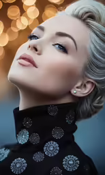 a blonde haired woman with blue eyes wearing black and white makeup