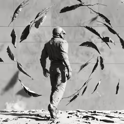 the image shows a man walking along a wall with many flying fish