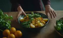 the plate contains vegetables and a few oranges