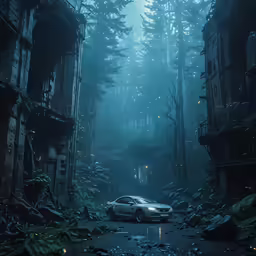 a car is parked in the middle of a dark street