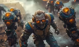 a group of characters in action gear, some with yellow eyes