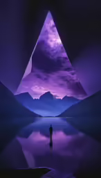 the image of a man standing in the middle of a lake is all turned purple