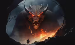 an evil devil stares from behind a rock