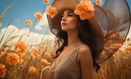 a girl wearing a hat and flowers sits in tall grass