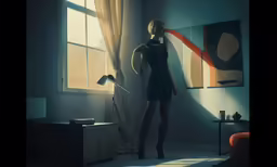 the woman is standing in a dark room