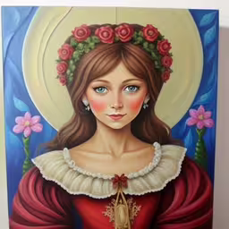 a painting of a girl with long hair wearing a wreath of flowers,an ornate painting of a girl with blue eyes and brown hair wearing a flower crown