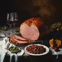a piece of ham sitting next to a white bowl