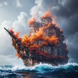an island made up of flames and debris is floating on top of the ocean