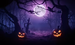 a group of pumpkins lit up on the ground in a forest at night