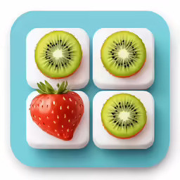 a white plate topped with four square slices of fruit