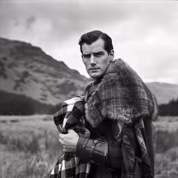 a man in a plaid coat with a fur stole around his neck,man wearing plaid coat and fur stole standing in field