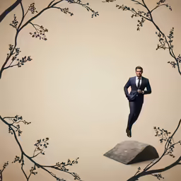 man with suit running over a rock surrounded by twigs