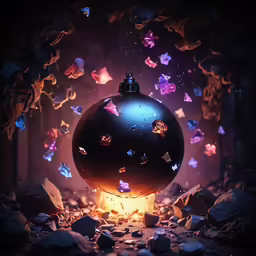 a ball like object surrounded by many flying items