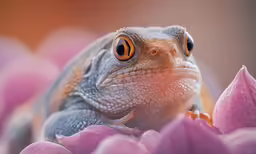 a gray and orange lizard resting on top of a flower