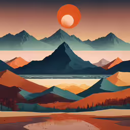 the view of a mountain range from an overlook point,an illustration of a mountain range with the sun rising