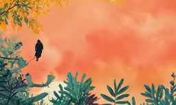 a black bird sitting in the branches of trees on an orange sky