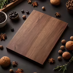 an empty cutting board next to a pile of nuts and other food
