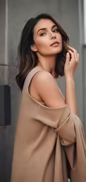 a woman with her hands on her shoulder in an off shoulder dress