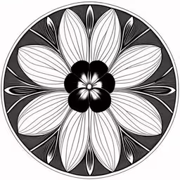 a black and white flower is shown in a circle,black and white graphic design that has leaves inside