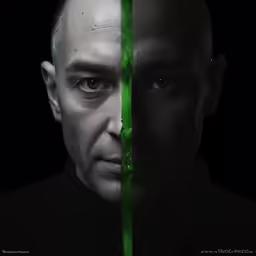 a man with green lines and the faces of two men
