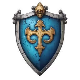 a metal shield with a cross and a skull on top