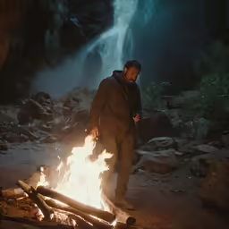a man is standing next to the fire