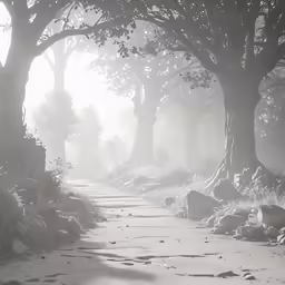 a pathway covered in snow with trees and grass
