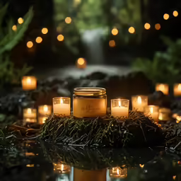 some candles are sitting on a table next to a pond