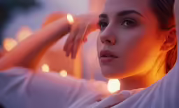 woman in white shirt posing with candles behind her
