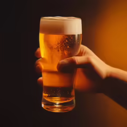 a person is holding a beer glass with foam