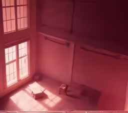 the empty room has two windows, a trash can and two pieces of furniture in it