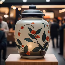 a decorative jar that is on a wooden base