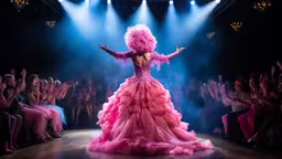 lady in pink performing at a ball and party,a woman standing in front of a crowd wearing a pink gown