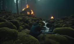 a person sitting in the woods next to a stream