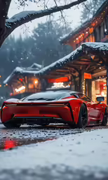 a red vehicle parked in front of a snow covered village