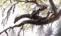 the bird is perched high in the tree branch