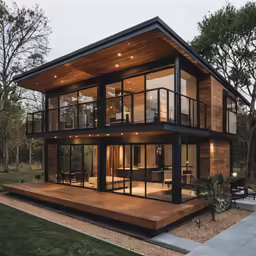 the large two level cabin is built with a deck and windows