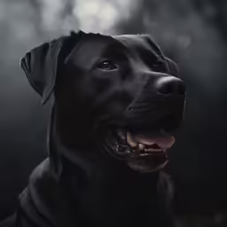 a black lab panting while sitting on a rock