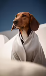 a dog in a white blanket wearing it