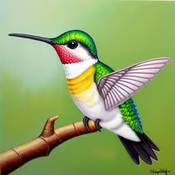 a colorful bird sitting on top of a tree branch,a painting of a humming bird sitting on a tree branch,a colorful bird perched on a branch against a green background,a painting of a colorful hummingbird perched on a branch,the bird is painting on the green background