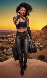 a black woman with a handbag and suit jacket in a desert