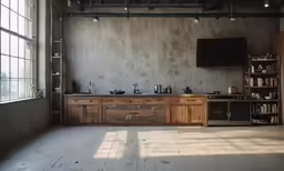the large kitchen features an industrial look