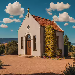 a white church with windows on a dirt path
