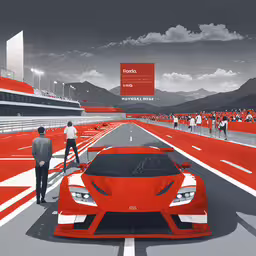 two men are talking next to a red sports car,a drawing of a man with an orange sports car in front of him on the track