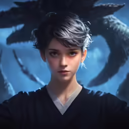 a young girl dressed in black is staring at the camera