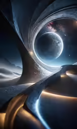 a spacey, futuristic space station is shown with an outer view